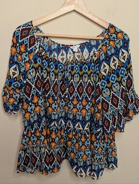 Cato Blue Multicolor‎ Ikat Print Peplum Top XL Bell Sleeve Boho